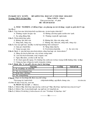 Đề kiểm tra học kỳ I năm học 2014-2015 môn giáo dục công dân lớp 6 thời gian làm bài 45 phút